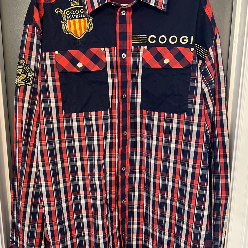 COOGI Men's Red and Navy Plaid Button Down Shirt w/ embroidery XXL